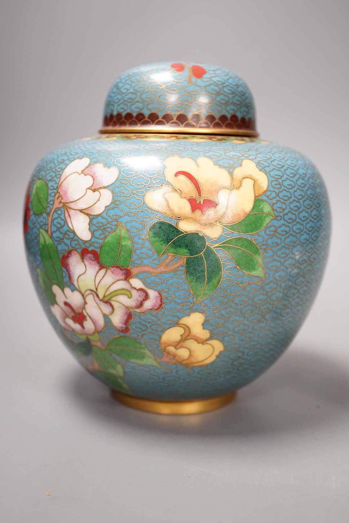 A Canton enamel tea bowl, snuff bottle, and a cloisonne enamel jar and cover